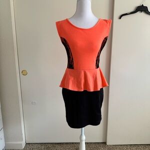 Pinc Coral and Black Peplum Mini Dress
